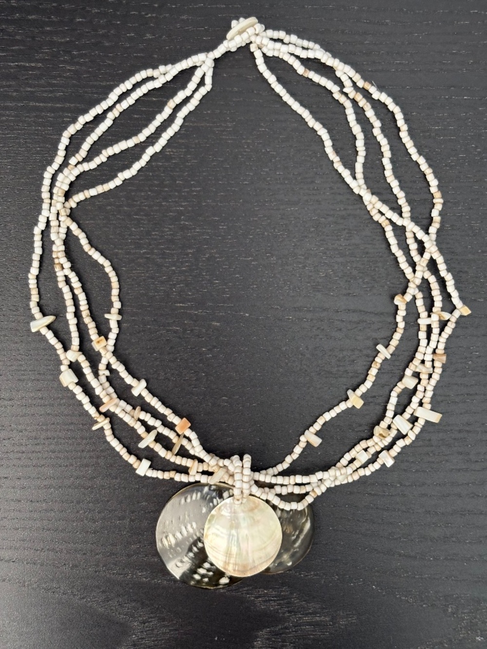 Vintage Mother of Pearl Boho Shell Strand Seed Bead Mermaid Pendant Necklace
